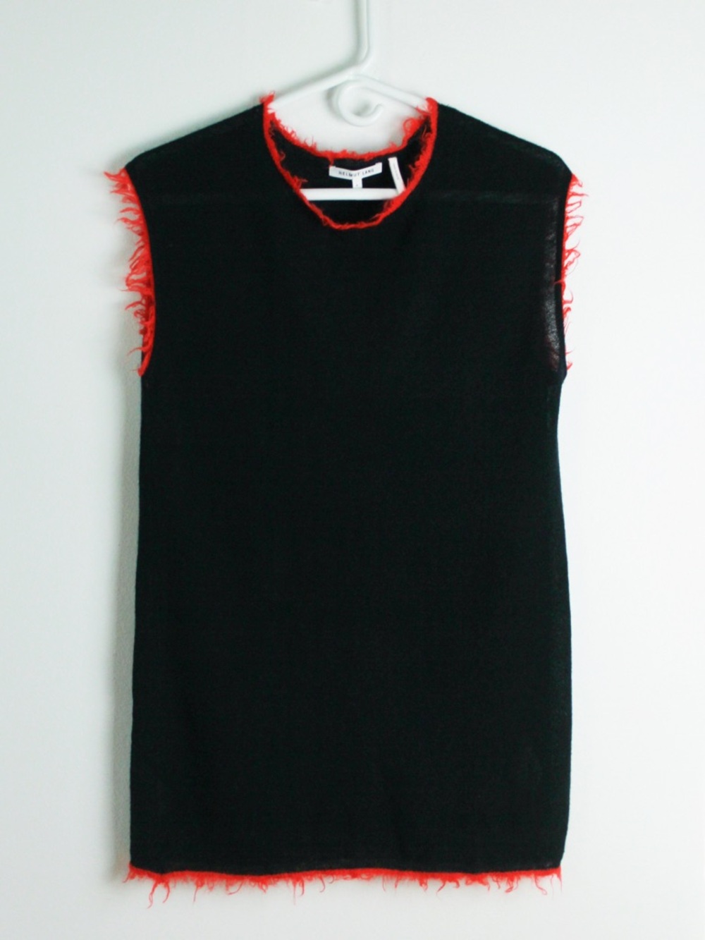 Helmut Lang Black Sleeveless Knit Top with Red Frayed Trim. Size Large